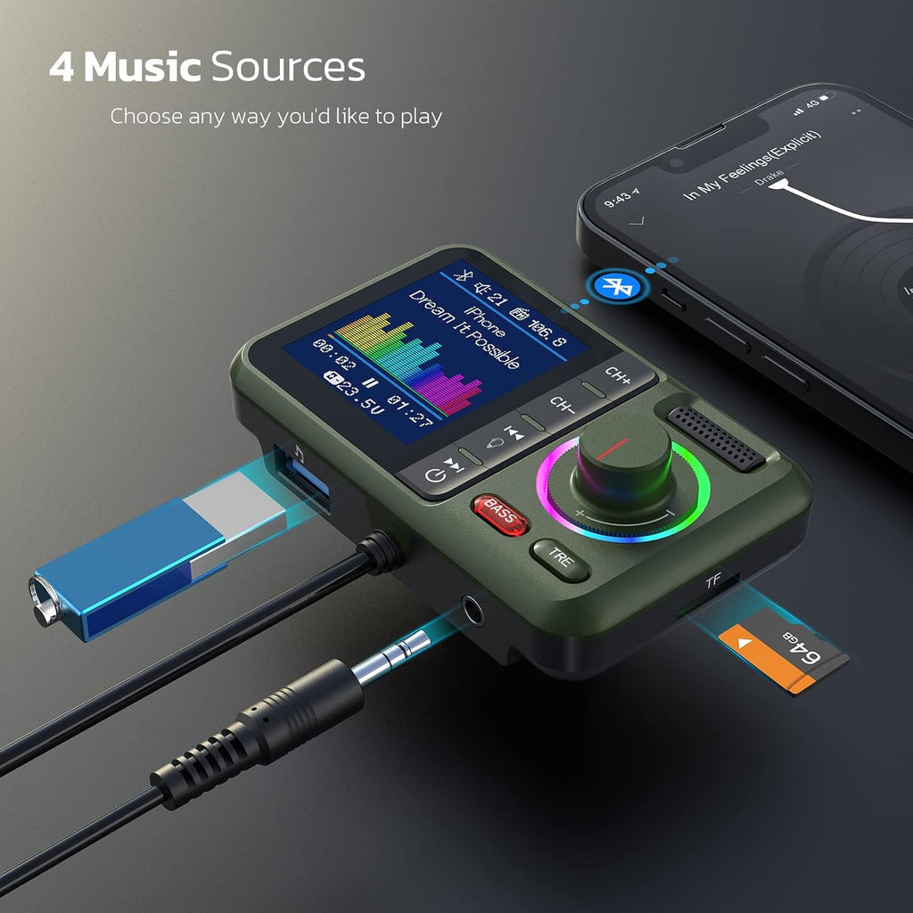 Bluetooth FM Transmitter for Car, Wireless Car Bluetooth V5.0 Adapter